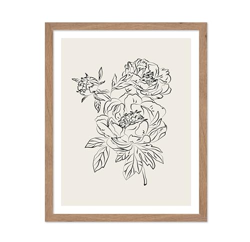 Poster Master Peonies Poster - Retro Flower Print - Floral Illustration - Black & White Illustration - Line & Abstract Design - Chic Boho Art - Flower Shop or Living Room Decor - 16x20 Beige Framed