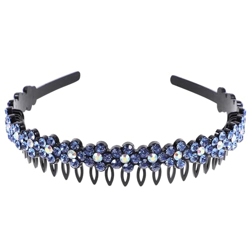 Serre-tête fleur cristal bleu avec dents antidérapantes pour femme