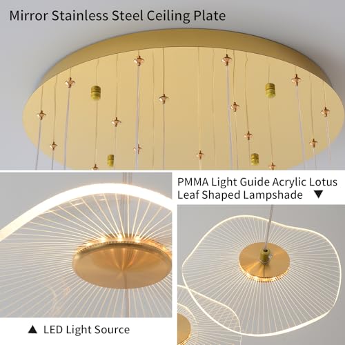 Image of ziidoo High Ceiling Chandelier - 38-Light Dimmable Modern Gold Long Spiral Luxury Linear Lotus Leaf Led Lamp Hanging Pendant Lights for Foyer Enterway Staircase Villas