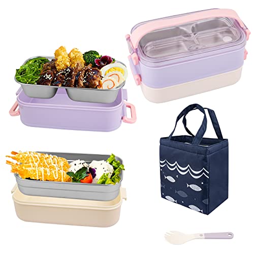 ERAY Fiambrera Bento Box,Bento Lunch Box con 3 Compartimentos,Cubierto y Bolsa Portátil, Caja Extraíble de Acero Inoxidable 304,a Prueba de Fugas sin BPA, Ideal para Oficina, Escuela, Picnic (Rosa) Cover