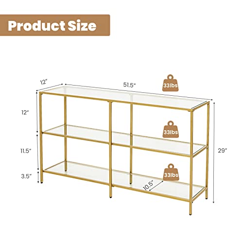 Giantex 51.5” Console Table 3-Tier - Glass Entryway Table, Long Couch Table With Tempered Glass Shelf & Gold Steel Frame, Entry Table, Narrow Foyer Table For Hallway, Living Room Sofa Side Table #TOP2