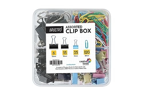 Image of BRUSTRO Assorted Clip Box | Includes 120 Paper Clips-28mm & 56 Binder Clips (25mm- 6 pcs| 19mm- 15 pcs| 15mm- 35pcs) | Home, Office, Stationery use, Ideal for Kids and Adults, Reusable, Flexible