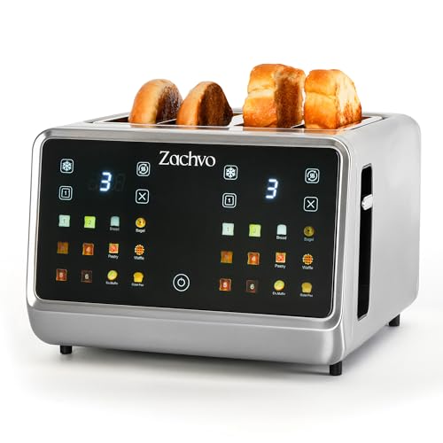 ZACHVO Edelstahl 2 Scheiben Toaster mit LED-Countdown & Brötchenaufsatz, extra breite 3,5 cm Schlitze für Toast, dicke Brotscheiben & Bagels, 6 Bräunungsstufen (Rot, 4)
