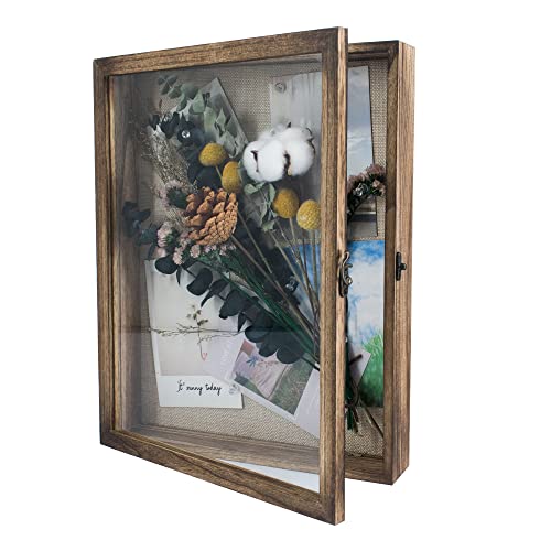 Image of GraduationMall 11x14 Shadow Box Frame Solid Wood Glass Door Display Case with Linen Back and 6 Stick Pins,1.5 inches Interior Depth,Ideal for Memorabilia Pictures Flowers Medals Tickets
