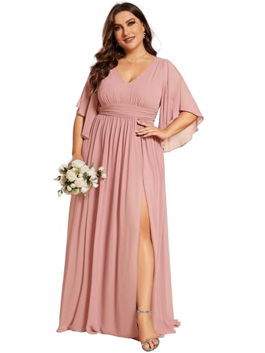 Image of Ever-Pretty Plus Women's Plus Size V Neck Half Sleeves Slit A Line Floor Length Bridesmaid Dress 01886-DA