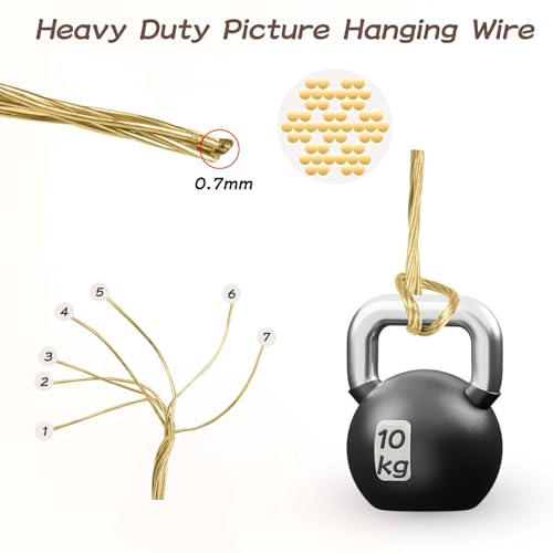 Image of Picture Hanging Brass Wire 20 Feet Braided Picture Wire Multi-Stranded Metal Wire for Artwork, Mirrors, Clocks, Golden
