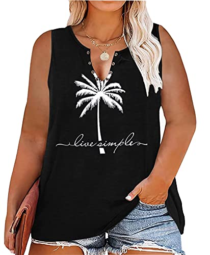 Plus Size Summer Coconut Tree Tank Tops Women Ring Hole Beach Vacation Graphic Tanks Shirts Sleeveless V-Neck Shirt Tops(Black, 4X-Large) #TOP9