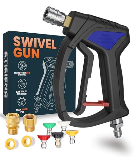 Image of Short Pressure Washer Gun with 360 Swivel, High Pressure Stubby Power Washer Gun Kit with 5 Nozzle Tips, M22-14mm & 15mm Adapters, 3 /8 inch QC for Car Wash Detailing & Cleaning (Black)