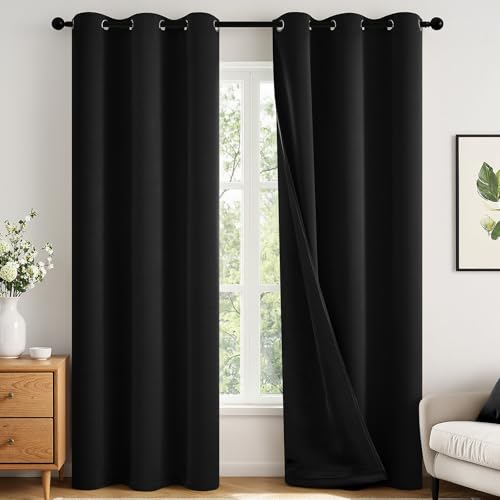 Image of MIULEE Black 100% Blackout Curtains for Bedroom 90 Inch Long 2 Panels | 2 Thick Layers Thermal Insulated Window Curtains with Black Liner, Noise Reducing Grommet, Drapes for Living Room