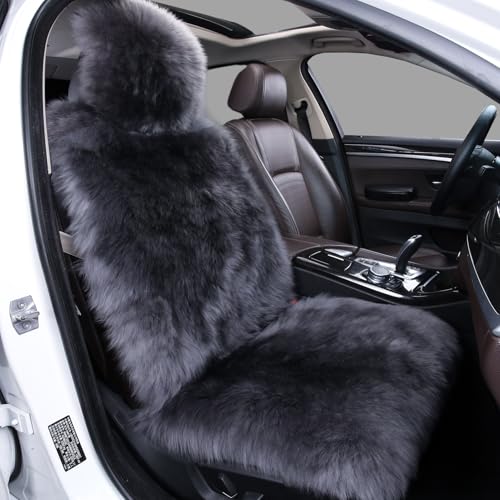 Image of AOGELAN Fluffy Sheepskin Car Seat Cover Long Wool Front Seat Cover Charcoal