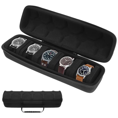 VAVPUP 5-Slot Hard Watch Travel Roll Case - Anti-Slip Pillow Watch Organizer for Men Women,Shockproof Dustproof Moistureproof with Zipper Closure(1pcs-black)