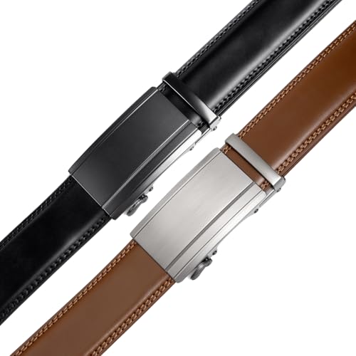 Image of 2 Pack Ratchet Belt 1 3 /8 inch, Mens leather Dress Belt in Gift Set Size 28 inch-62 inch Adjustable waist Trim to Fit