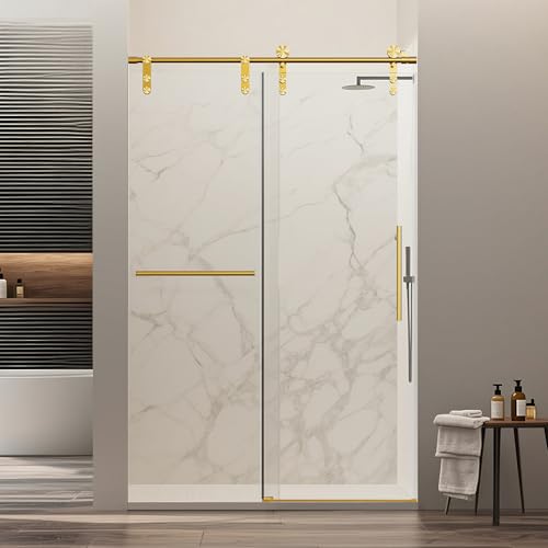 Image of 46-48 inch W x 76 inch H Frameless Sliding Shower Door, Safety Bathroom Single Sliding Glass Doors with 5 /16 inch (8mm) SGCC Tempered Glass, Stainless Steel Towel Rail and Auxiliary Handle, Brushed Gold