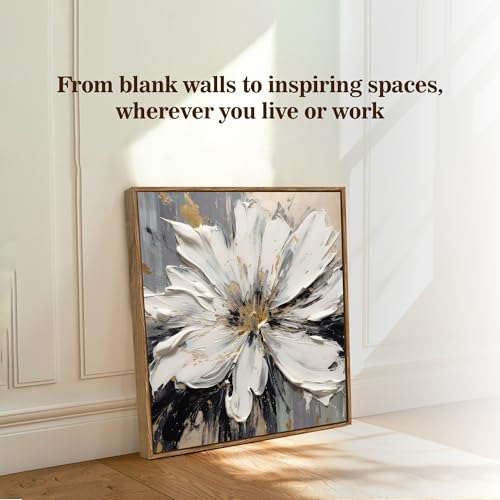 Image of PAINTINGMANTRA Abstract White Flower Framed Painting For Living Room | Modern Impasto Floral Large Canvas Painting With Frame Wall Art For Bedroom, Hallway's, Office, Hotel, Size 58x58 cm