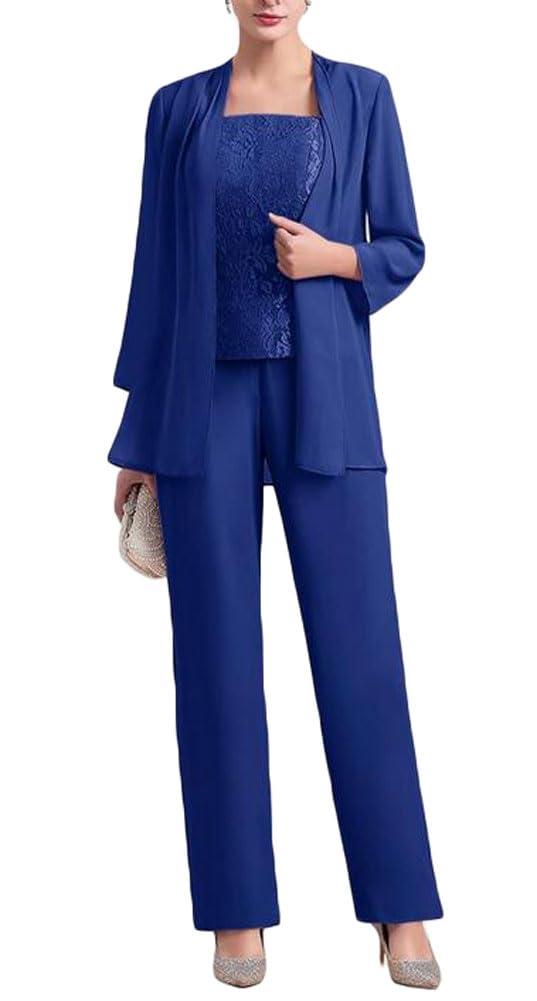 Botong Women's Royal Blue 3 Pc Chiffon Mother Of The Bride Pants Suits Lace Bodice Wedding Guest Outfit Formal Evening Gown Uk16