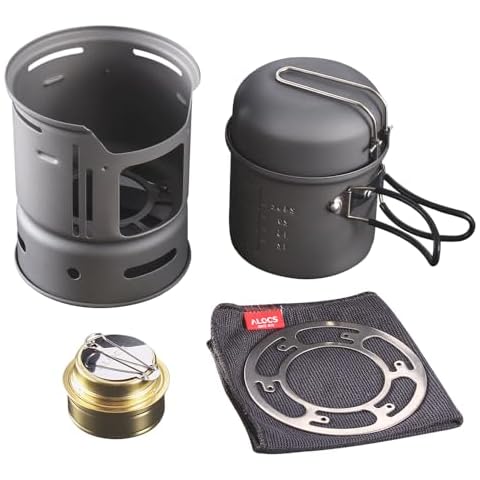 Alocs camping pot set for 1-2 people - 7 pieces. Foldable anti-scald handles. Windproof stove. Gem coating, scratch-resistant and easy to clean. Portable with storage bag. For outdoor camping and more Cover