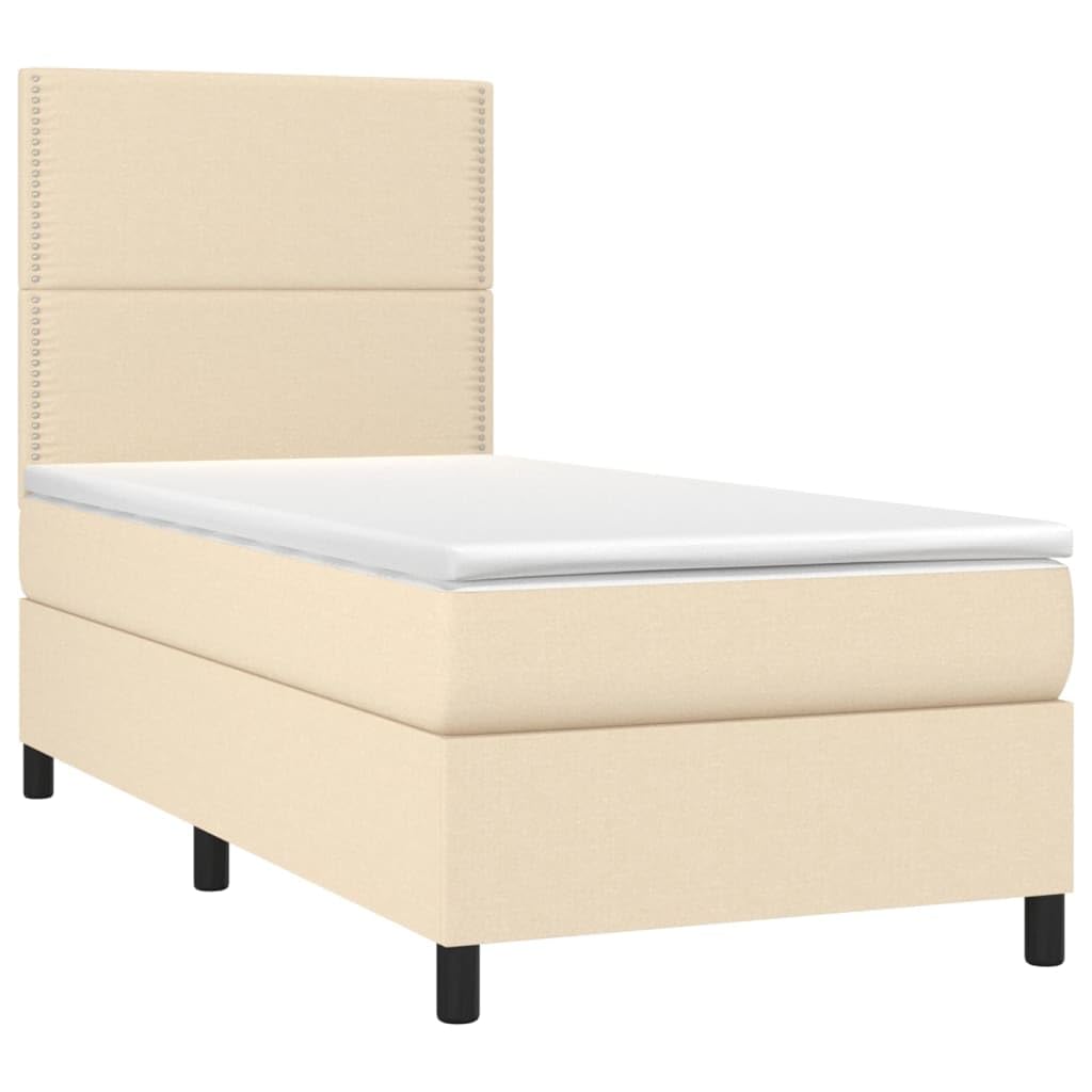 tkanina z regulowanym zagłówkiem i diodami LED kremowy 90x200 cm | Łóżko kontynentalne 90x200 z materacem sprężynowym kremowe z LED regulowanym zagłówkiem tkanina
