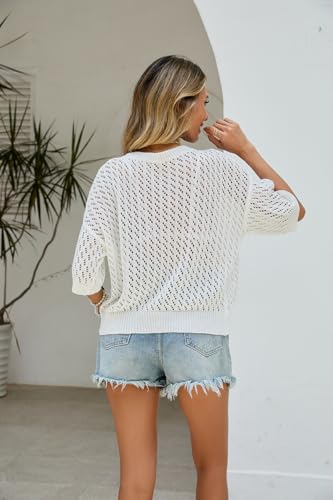 Image of Sexybody Women Short Sleeve Crochet Sweater Crew Neck Pullover Knit Top Hollow Out Casual Sheer Outfits Beach Coverup