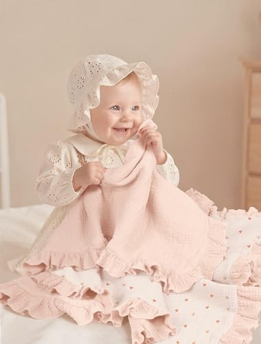 lulumoon Muslin Ruffle Baby Blanket - Soft Breathable 100% Cotton Newborn Wrap for Stroller Travel & Car Seat - Ideal for Photography & Nursery Decoration 40"x36"(Pink Heart) - 1