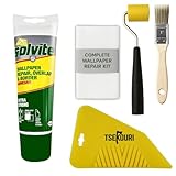 Solvite Wallpaper Repair Kit: Overlap & Border Adhesive (240g) with Tsekouri Roller & Bristle Brush for Seamless Wall Covering, Easy DIY Glue & Tools
