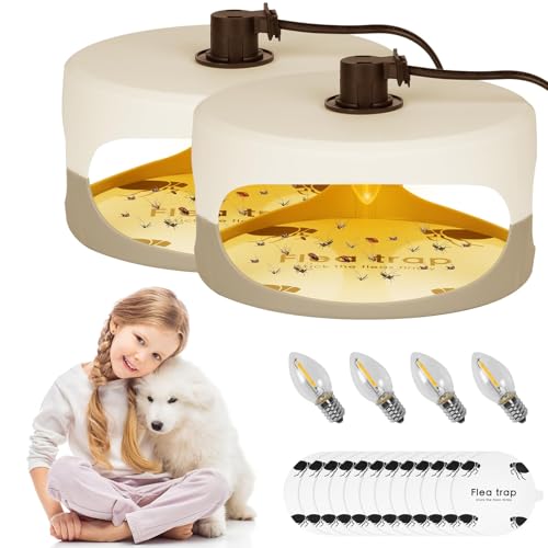 Flintronic Flea Traps for Home Flea Light Trap flea Lamp trap for Home Fleas Catcher Non-Toxic Natural Light Odorless with light Bulbs*4 Glue Discs*12 for home Carpets Bedding 2 Pack