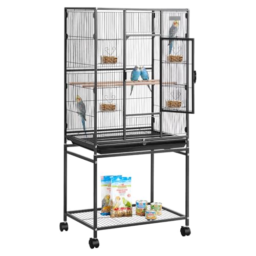 VEVOR Bird Cage, 24.6 x 16.7 x 53.9 inch, Flat Top, Wrought Iron Bird Flight Cage with Perches, Slide-Out Tray and Plastic Feeders, Casters, for Parrot, Blue Tit, Cockatiel, Canary, Budgerigar, Conure