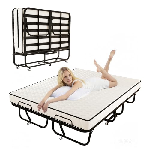 OSTYRA Full Size 79X 59 Folding Bed with 5 Memory Foam Mattress Wooden and Steel Frame Extra Large Wide Rollaway Bed for Guest Comfortable Sleep in a Large Space