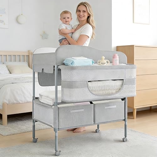 La Mejor Lista de Cambiadores disponible en línea. 46 Bañera Cambiador Para Bebe Con 360°Ruedas y Estantes y Cajones De Almacenamiento Plegable Mueble Cambiador Para Baby Con Ajustable En 3 Alturas Para Salón,Dormitorio,Habitación...