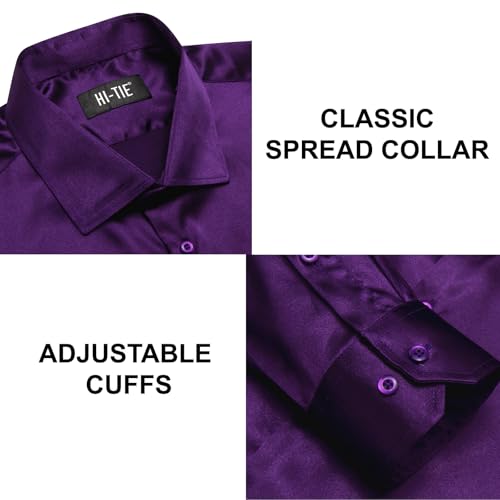 Image of Hi-Tie Men's Silk Satin Dress Shirts Long Sleeve Shiny Casual Button Up Shirts Luxury Party Disco Prom Wedding Shirt