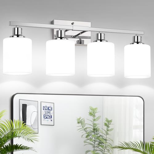 Image of MOKATNG 4-Light Vanity Light with Milky White Shades, Chrome Bathroom Lighting Fixtures Over Mirror, Modern Bathroom Wall Lamp for Mirror Living Room Cabinet Bedroom