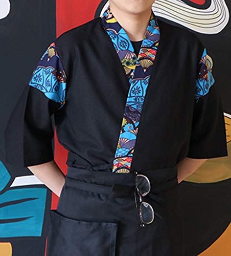 image for LifeHe Mens Women Patchwork Sushi Chef Jacket Japanese Kitchen Uniform
