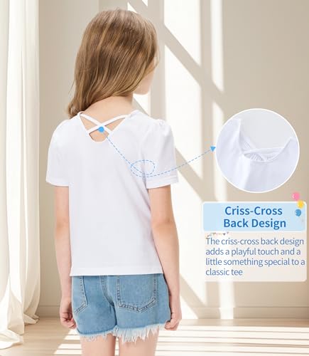 Image of Girls Casual Solid Crewneck Top Short Sleeve Soft T-Shirt with Crisscross Back Design White 4-5