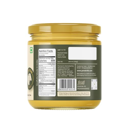 Image of Praakritik Natural Desi A2 Gir Cow Ghee 250 ML - 100%, Prepared by Traditional Bilona Method, Vedic Cultured Grassfed, Vegetarian GMO Free Lactose Free - Cow Ghee 250 ML