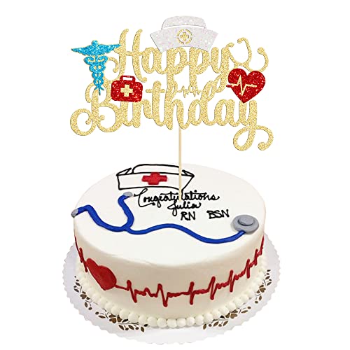 Gyufise 1Pcs Nurse Happy Birthday Cake Topper Glitter Nursing Birthday Cake Pick for Medical Rn Theme Nurse Birthday Party Cake Decorations Supplies Gold