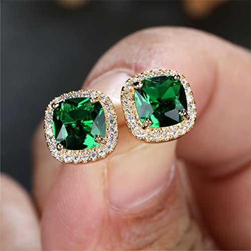 ODETOJOY 1 Pair Simulated Emerald Earrings 18K Yellow Gold Plated Square Cubic Zirconia Simulated Diamond Halo Stud Earrings for Women with Gift Box with Gift Box2