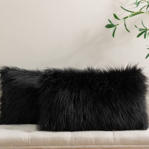 Image of Phantoscope Pack of 2 Faux Fur Solid Throw Decorative Pillow Cover Cushion Covers Luxury Soft Decorative Pillowcase Fuzzy Pillow Covers for Bed /Couch,Black 12 x 20 Inches