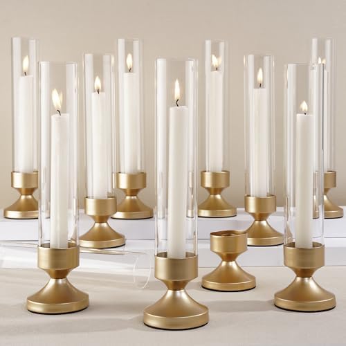 Hurricane Glass Candle Holders, Set of 10 Metal Taper Candlesrick...
