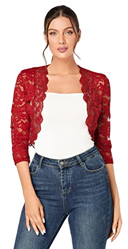 J.Corrine Bolero de Encaje Elegante Chaqueta de Bolero con Manga 3/4 Frente Abierto Cardigan Boda Torera para Vestidos de Mujer Vino Rojo S Cover
