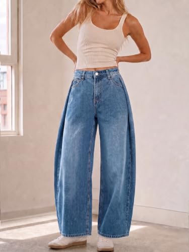 Flowyair Womens Barrel Jeans High Waisted Wide Leg Pleated Denim Pants Blue — view 5