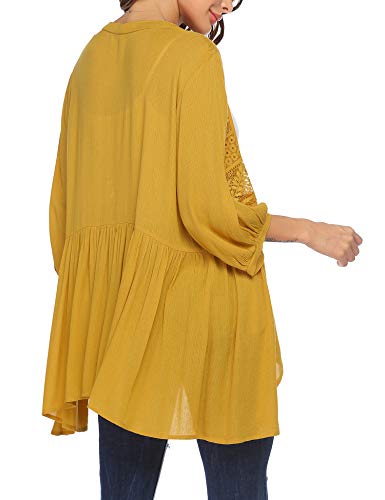 Hotouch Womens Summer Cardigan Lightweight 3/4 Sleeve Open Front Kimonos Top Lace Cover Ups Mustard Yellow L #TOP4
