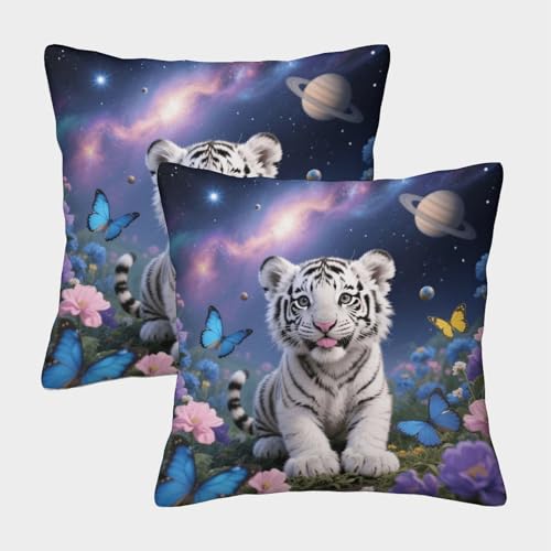 Funda De Cojín con Cachorro de Tigre Blanco Juego De 2, Microfibra Suave Funda De Almohada con Cremallera Oculta, Fundas Decorativas para Sofá Coche Cama Sillas, 40x40cm