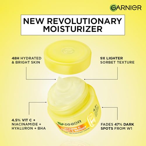 Image of Garnier Fresh & Bright Vitamin C Sorbet Gel Face Moisturizer Cream, 45g | 4.5% Vit C + Hyaluronic Acid + Niacinamide + BHA, For Hydration & Dark Spot Reduction, For Oily, Normal & Combination Skin
