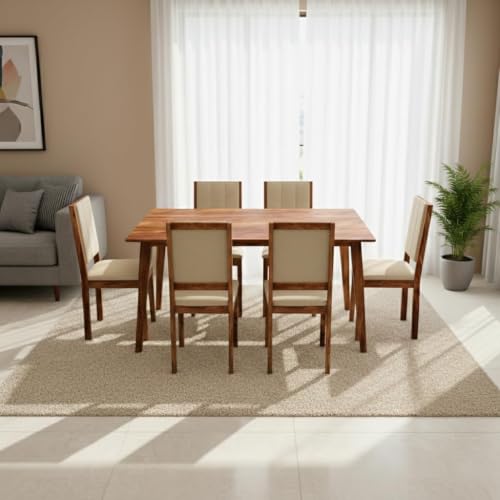 Image of Sheesham Wood Dining Table 6 Seater | Dining Table Set of 6 Six Seater Dinning Table with Beige Cushion Chairs | Dinner Table 6 Seater | Dining Room Sets | Natural Finish