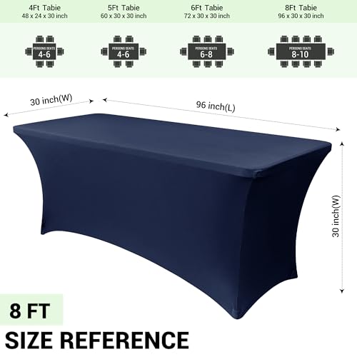 Image of Obstal 8Ft Stretch Spandex Table Cover for Standard Folding Tables - 2 Pack Universal Rectangular Fitted Tablecloth for Party, Banquet, Events, Trade Show (Navy Blue, 96L x 30W x 30H Inches)