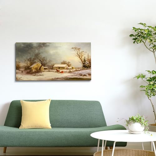 crmotu Large Landscape Wall Art, Farmhouse Wall Decor, Winter Wall Art, Snowy Farm Canvas Painting, Vintage Aesthetic Pictures for Living Room Bathroom Bedroom Kitchen Art Prints 20"X40"