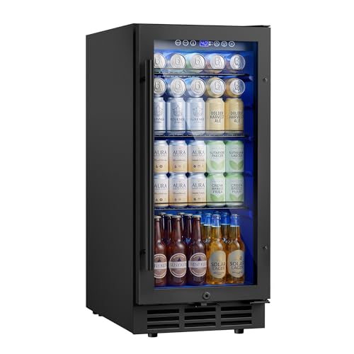 Image of ICEVIVAL 15 Inch Beverage Fridge, 132-Can Capacity Under Counter Refrigerator with Blue LED Display, Beverage Refrigerator with Glass Door & Adjustable Shelves for Home, Bar, Office (Black)