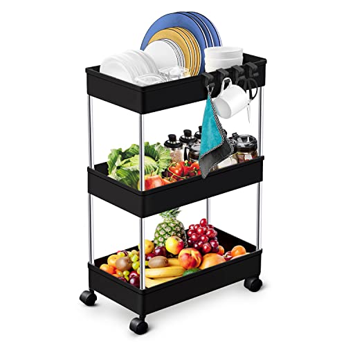 KPX Bathroom Rolling Storage Cart with Wheels Kitchen Utility Cart Casters Mobile Laundry Organizer Shelves for Room Organizers, Make Up, Home School, Dorm Room Office Essentials (3-Tier, Black)