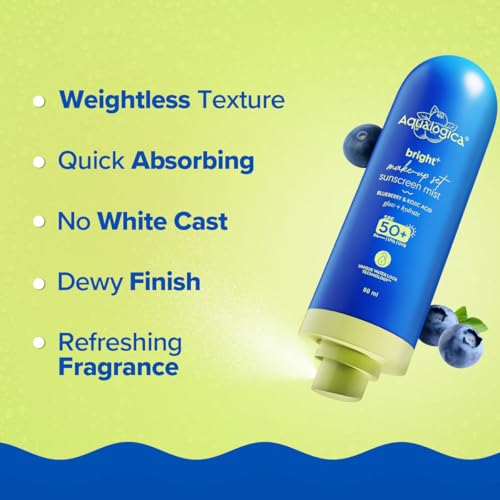 Image of Aqualogica Bright+ Makeup-Set Sunscreen Mist SPF 50+ PA++++ with Blueberry & Kojic Acid | Ultra-Fine Mist for Easy Application over Makeup | Quick Drying | Sets Make-Up | No White Cast | Easy Reapplication | Hydrates & Refreshes | 80 ml