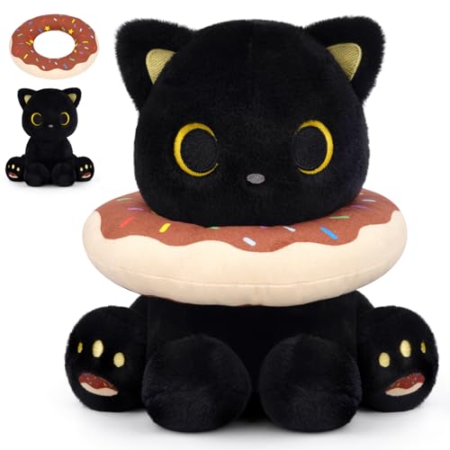 MUFEIRUO Peluche chat noir avec col en forme de donut - Cadeau d'anniversaire, d'Halloween, de Noël