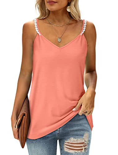 Saloogoe Sleeveless Tops For Women V Neck Spaghetti Strap Basic Cami Tank Tops Coral M #TOP1